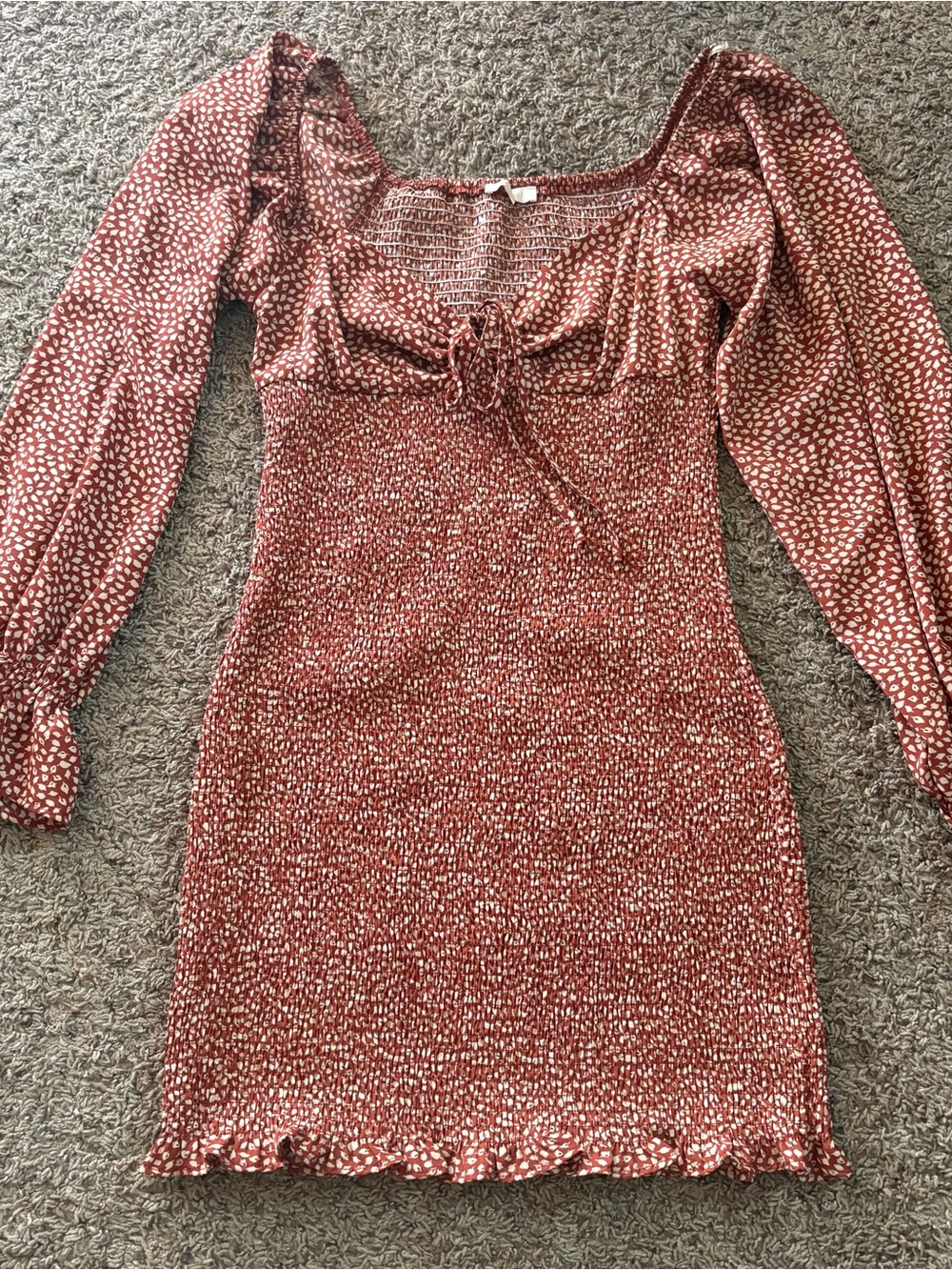 Blush Rust Red Smocked Long Sleeve Mini Dress with White Dot Print